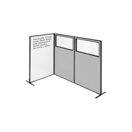 Global Equipment Interion    3-Panel Corner Room Divider with Whiteboard   Partial Window, 36-1/4"W x 60"H, Gray 695183GY